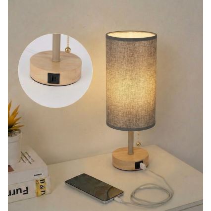 Brilagi - Stolná lampa s USB portom TABLON 1xE27/25W/230V dub/béžová/sivá