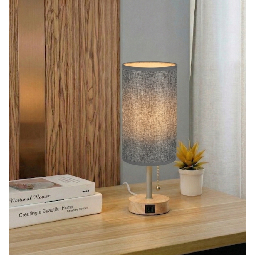 Brilagi - Stolná lampa s USB portom TABLON 1xE27/25W/230V dub/béžová/sivá