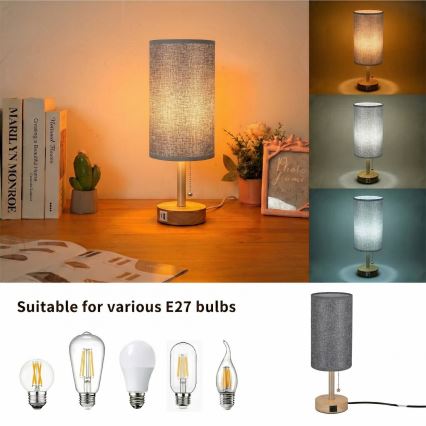 Brilagi - Stolná lampa s USB portom TABLON 1xE27/25W/230V dub/béžová/sivá