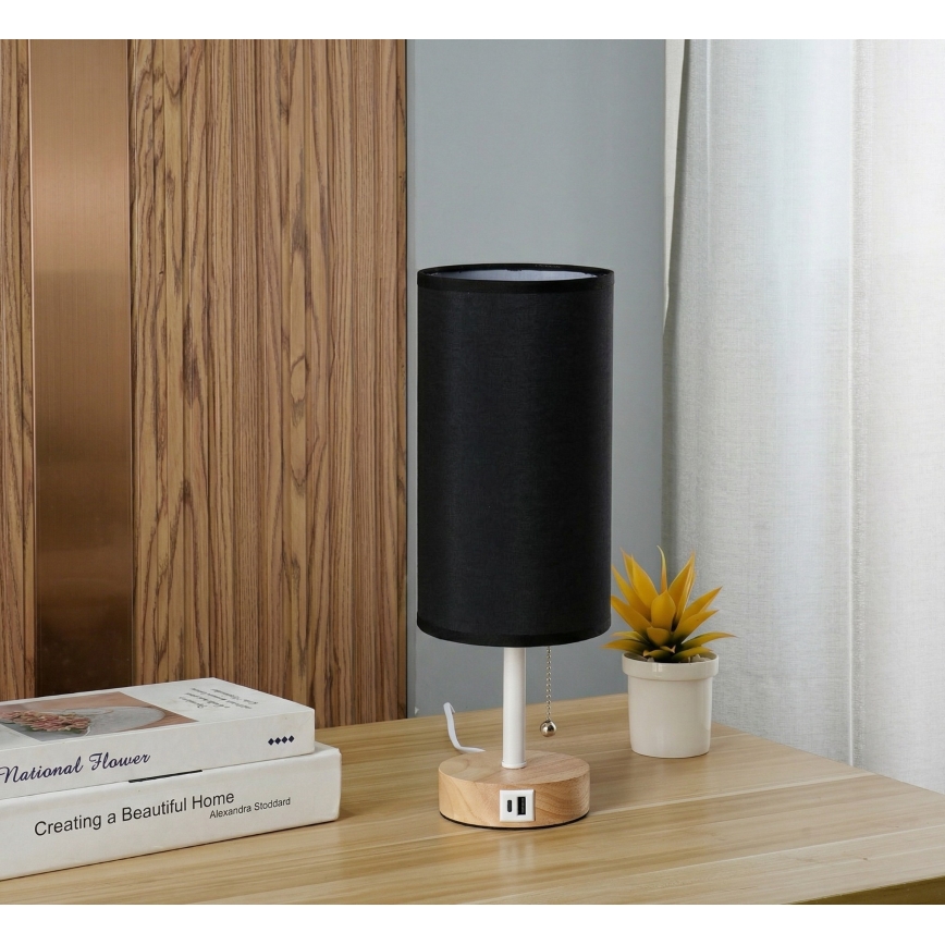 Brilagi - Stolná lampa s USB portom TABLON 1xE27/25W/230V dub/biela/čierna