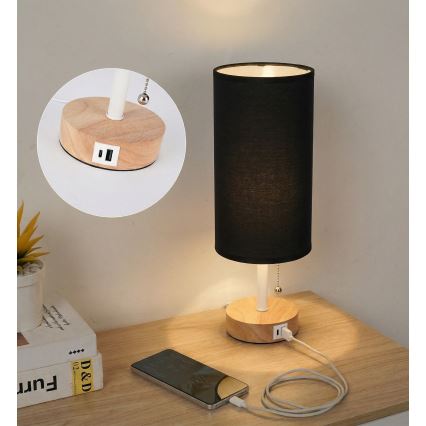 Brilagi - Stolná lampa s USB portom TABLON 1xE27/25W/230V dub/biela/čierna
