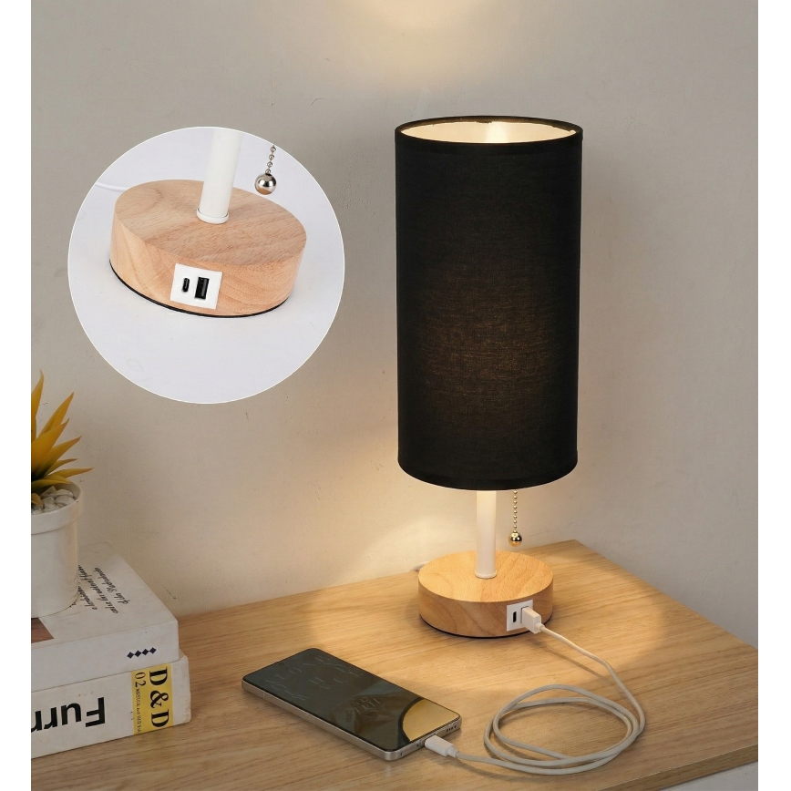 Brilagi - Stolná lampa s USB portom TABLON 1xE27/25W/230V dub/biela/čierna