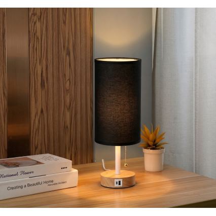 Brilagi - Stolná lampa s USB portom TABLON 1xE27/25W/230V dub/biela/čierna