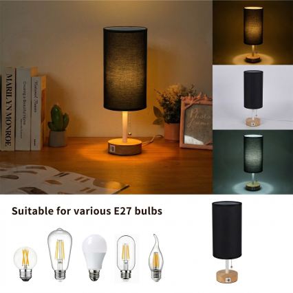 Brilagi - Stolná lampa s USB portom TABLON 1xE27/25W/230V dub/biela/čierna