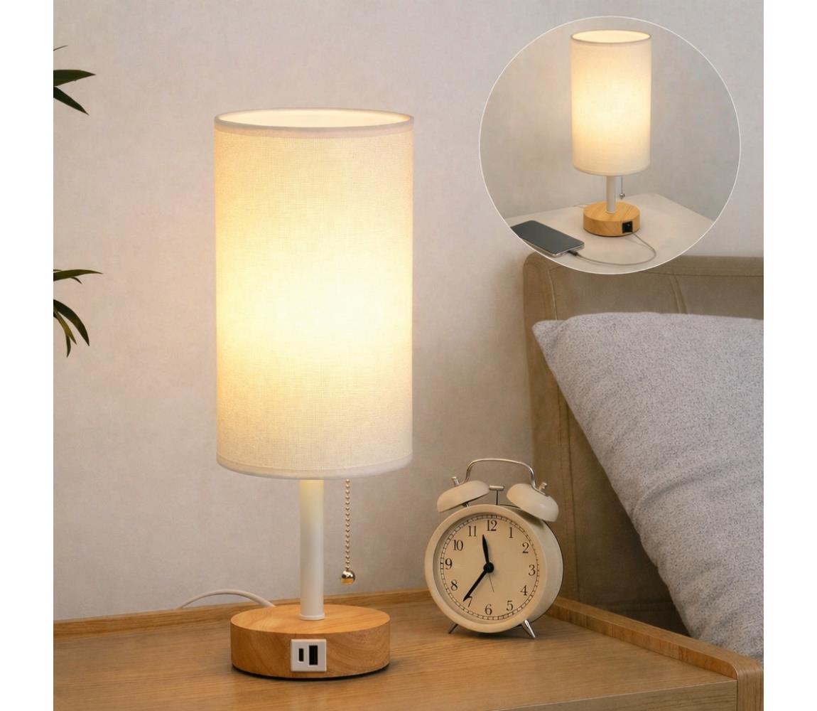 Brilagi - Stolná lampa s USB portom TABLON 1xE27/25W/230V dub/biela BG3674+BG3680