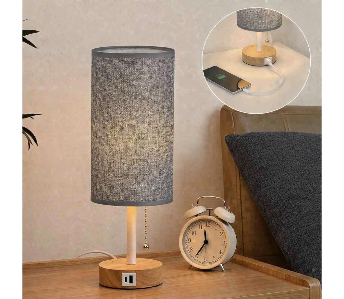 Brilagi - Stolná lampa s USB portom TABLON 1xE27/25W/230V dub/biela/šedá BG3674+BG3683