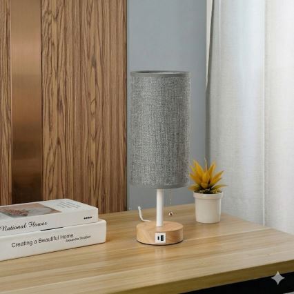 Brilagi - Stolná lampa s USB portom TABLON 1xE27/25W/230V dub/biela/šedá