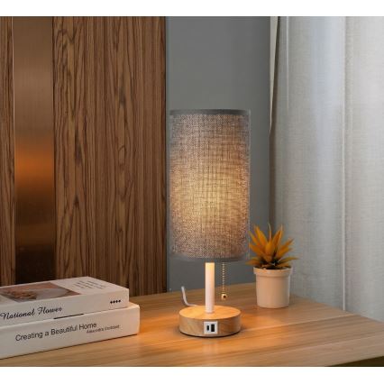 Brilagi - Stolná lampa s USB portom TABLON 1xE27/25W/230V dub/biela/šedá