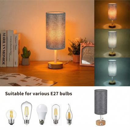 Brilagi - Stolná lampa s USB portom TABLON 1xE27/25W/230V dub/biela/šedá