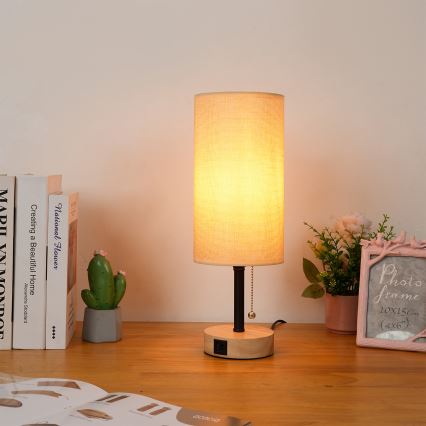 Brilagi - Stolná lampa s USB portom TABLON 1xE27/25W/230V dub/čierna/béžová
