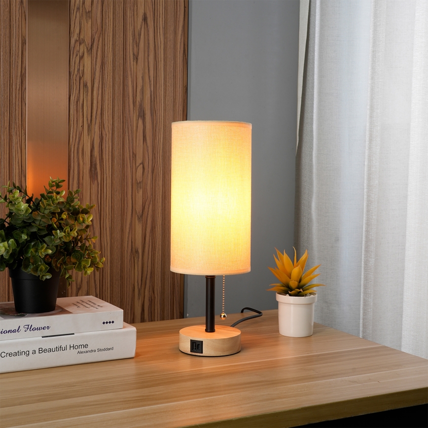 Brilagi - Stolná lampa s USB portom TABLON 1xE27/25W/230V dub/čierna/béžová