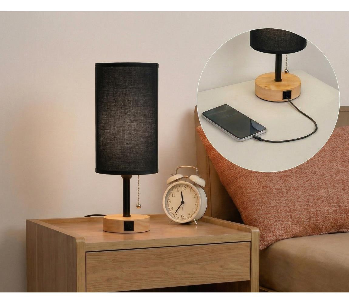 Brilagi - Stolná lampa s USB portom TABLON 1xE27/25W/230V dub/čierna BG3673+BG3682