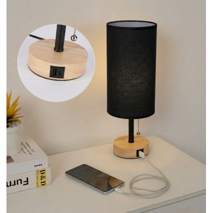 Brilagi - Stolná lampa s USB portom TABLON 1xE27/25W/230V dub/čierna