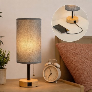 Brilagi - Stolná lampa s USB portom TABLON 1xE27/25W/230V dub/čierna/sivá
