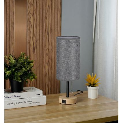 Brilagi - Stolná lampa s USB portom TABLON 1xE27/25W/230V dub/čierna/sivá