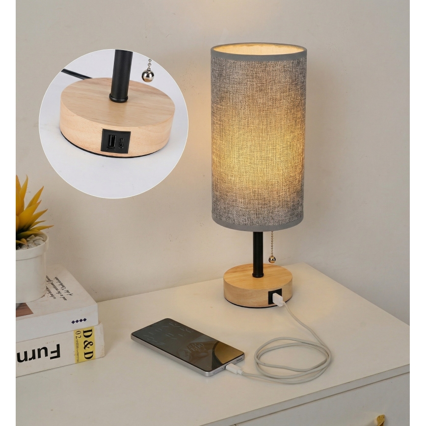 Brilagi - Stolná lampa s USB portom TABLON 1xE27/25W/230V dub/čierna/sivá