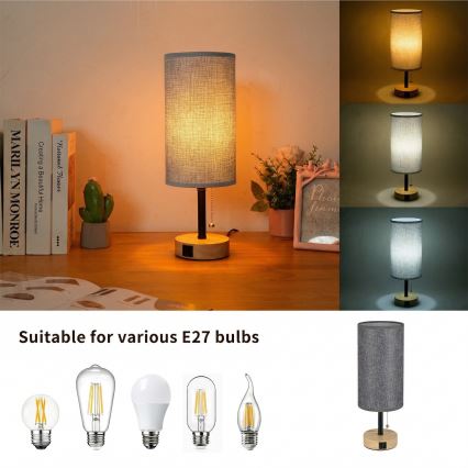 Brilagi - Stolná lampa s USB portom TABLON 1xE27/25W/230V dub/čierna/sivá