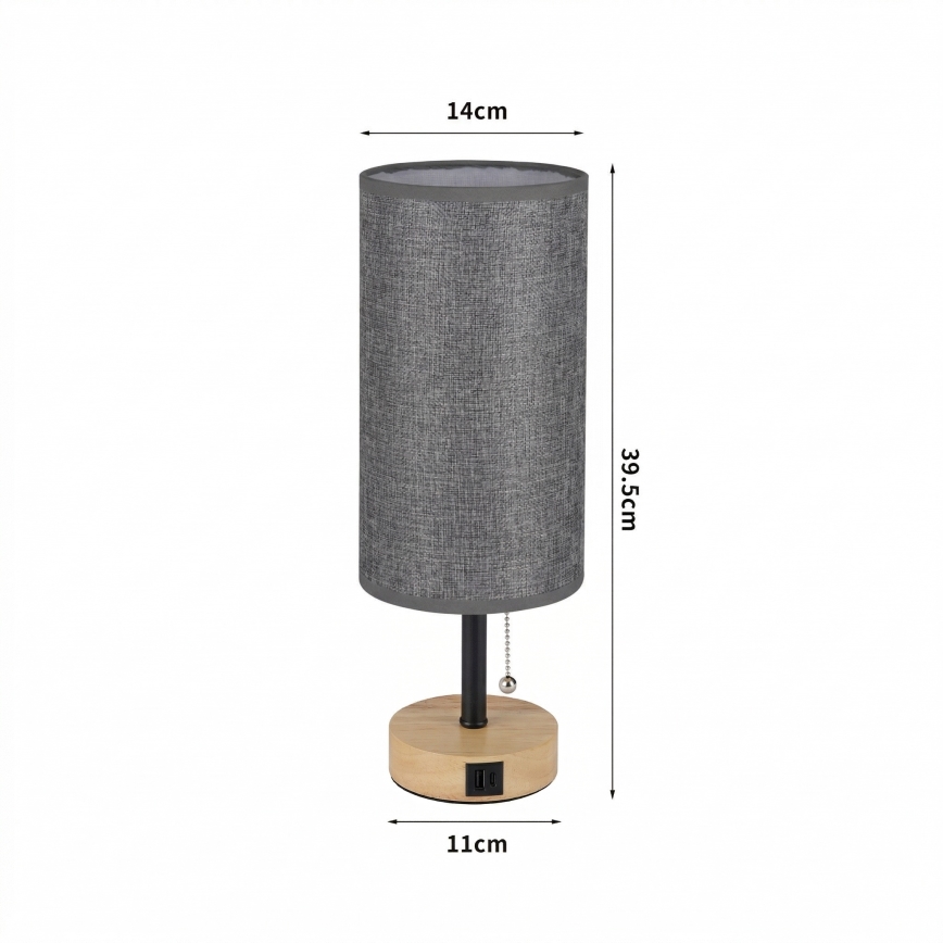 Brilagi - Stolná lampa s USB portom TABLON 1xE27/25W/230V dub/čierna/sivá