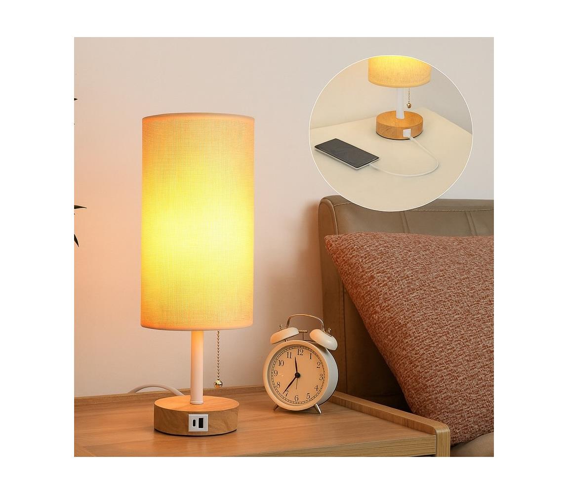Brilagi - Stolná lampa s USB portom TABLON 1xE27/25W/230V dubová/biela/béžová BRI602