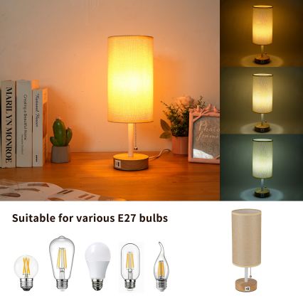 Brilagi - Stolná lampa s USB portom TABLON 1xE27/25W/230V dubová/biela/béžová