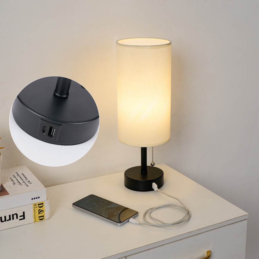 Brilagi - Stolná lampa so USB portom TABLON 1xE27/25W/230V čierna/krémová