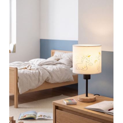 Brilagi - Detská stolná lampa BOBO WOOD 1xE27/25W/230V dub/čierna/biela/jednorožce