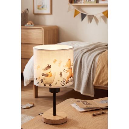 Brilagi - Detská stolová lampa BOBO WOOD 1xE27/25W/230V dub/čierna/biela/zvieratká