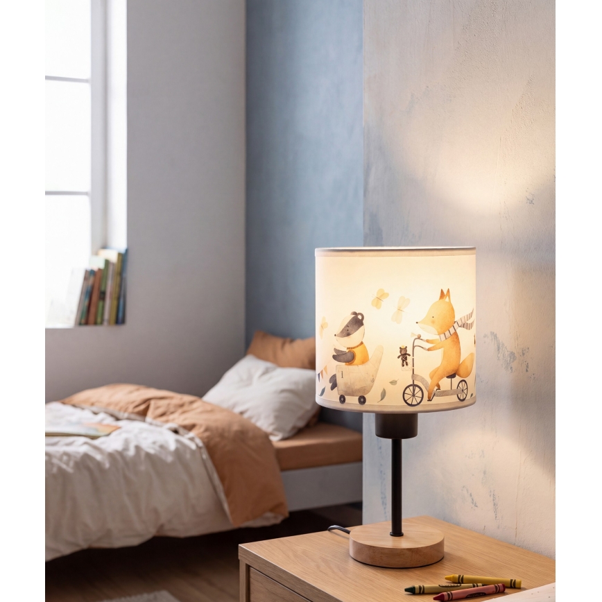 Brilagi - Detská stolová lampa BOBO WOOD 1xE27/25W/230V dub/čierna/biela/zvieratká
