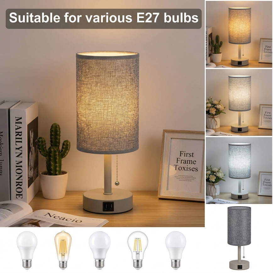 Brilagi - Stolová lampa s USB portom TABLON 1xE27/25W/230V béžová/sivá