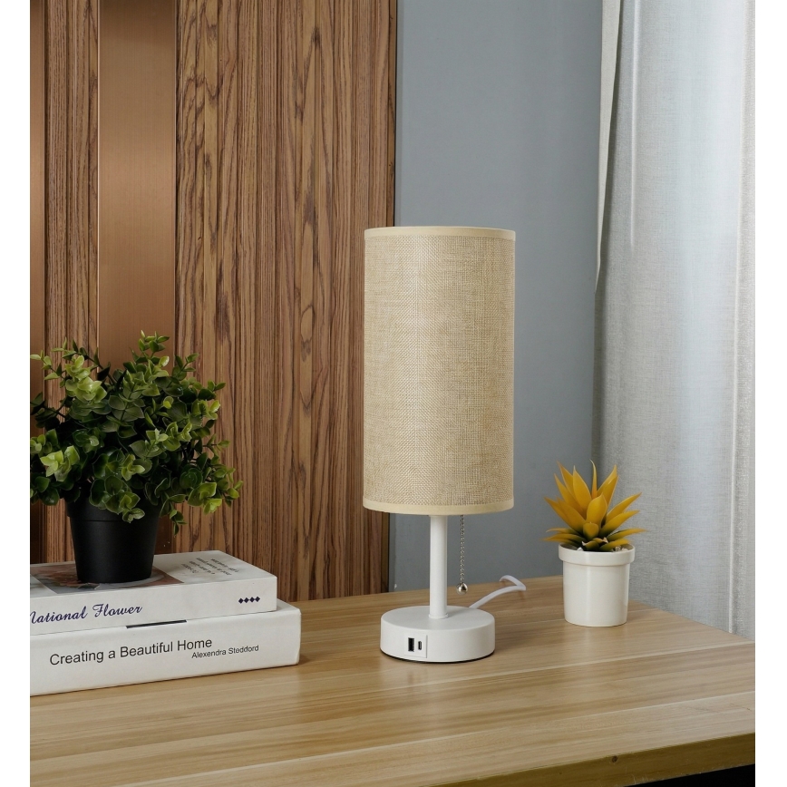 Brilagi - Stolová lampa s USB portom TABLON 1xE27/25W/230V biela/béžová