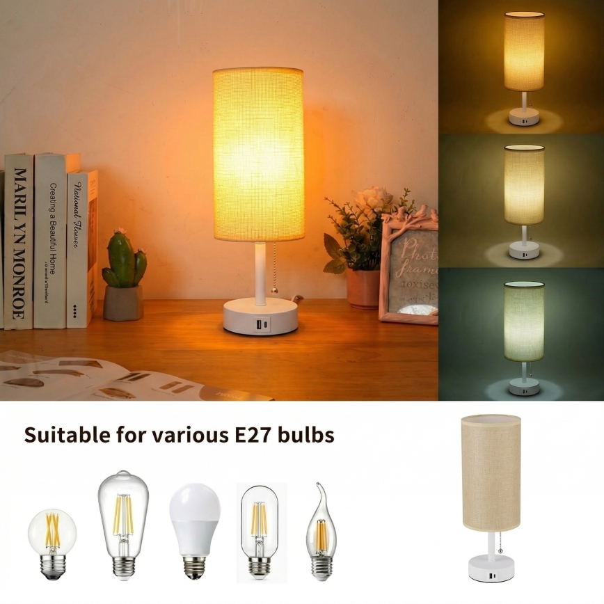 Brilagi - Stolová lampa s USB portom TABLON 1xE27/25W/230V biela/béžová