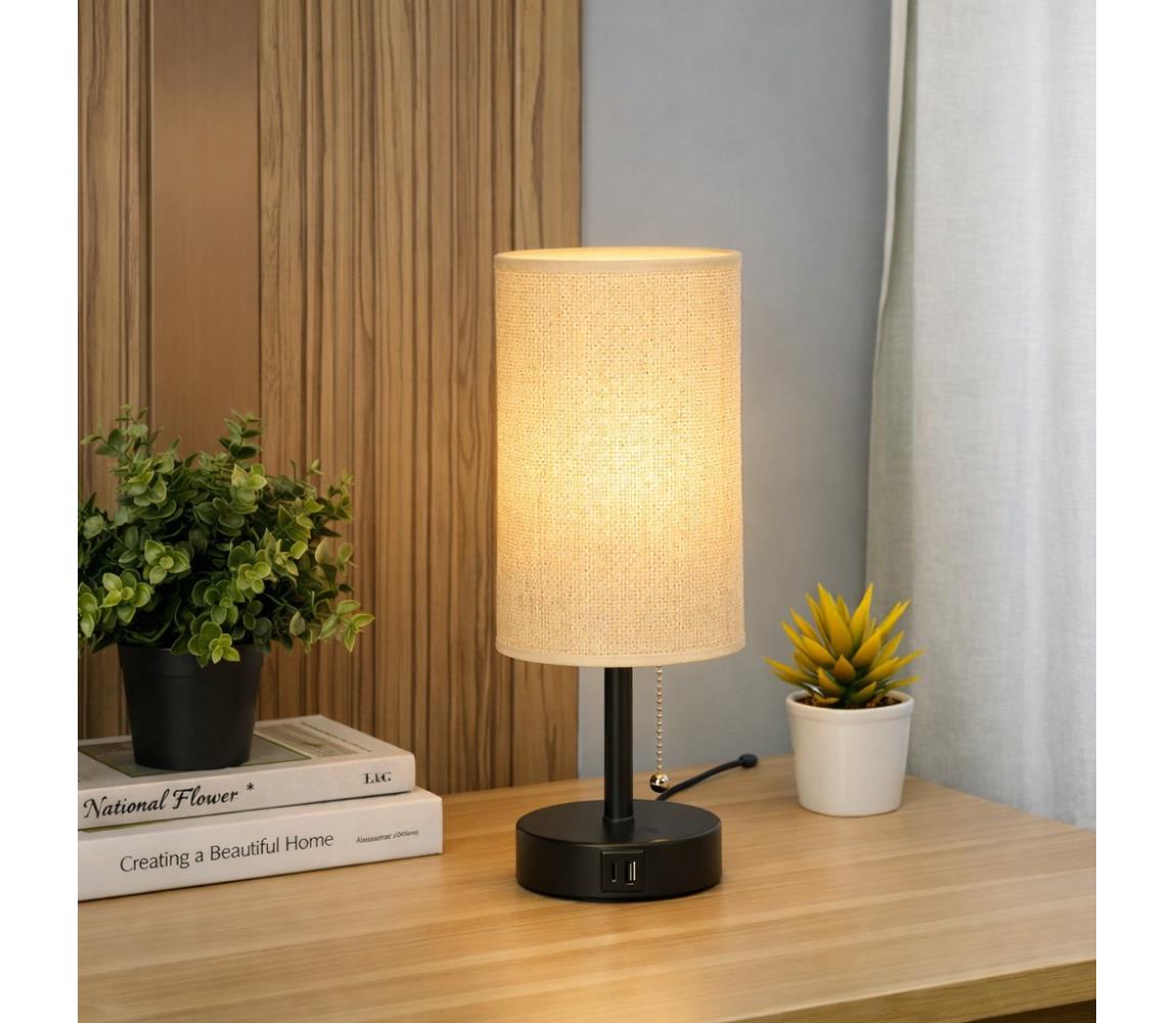 Brilagi - Stolová lampa s USB portom TABLON 1xE27/25W/230V čierna/béžová BG3666+BG3684