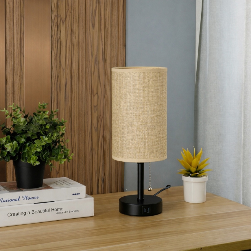 Brilagi - Stolová lampa s USB portom TABLON 1xE27/25W/230V čierna/béžová