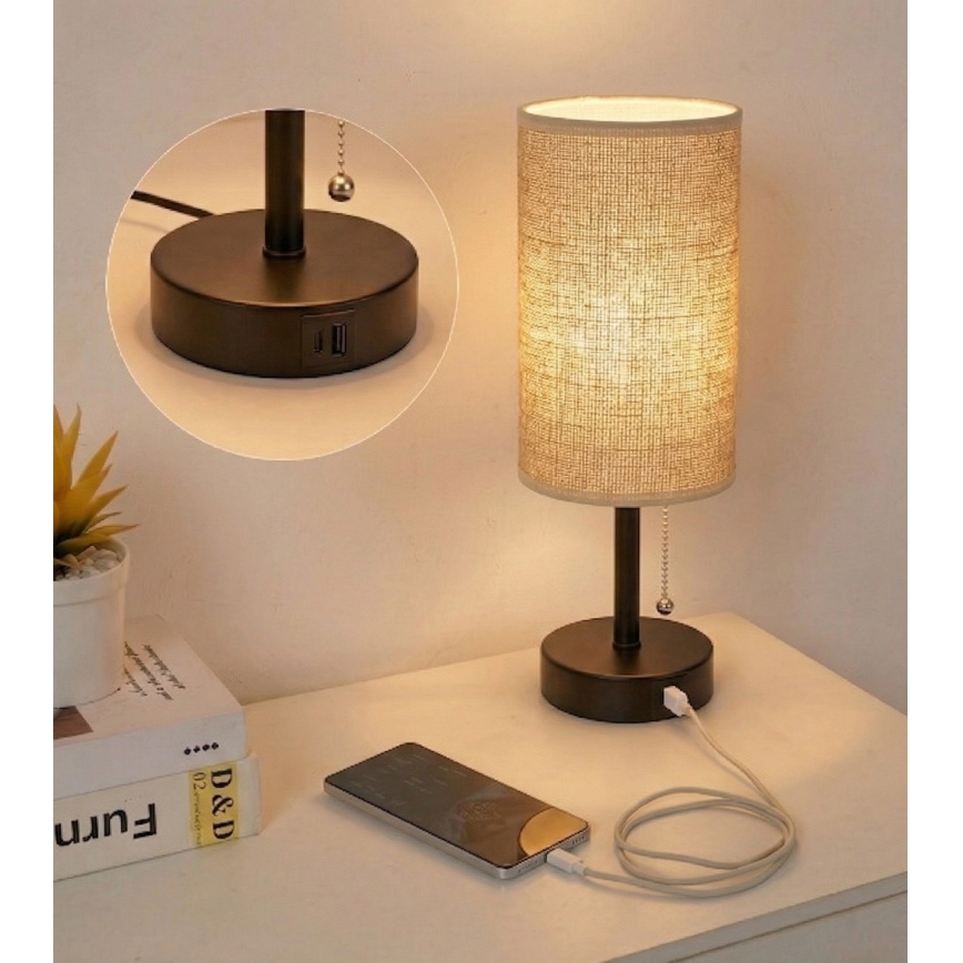 Brilagi - Stolová lampa s USB portom TABLON 1xE27/25W/230V čierna/béžová
