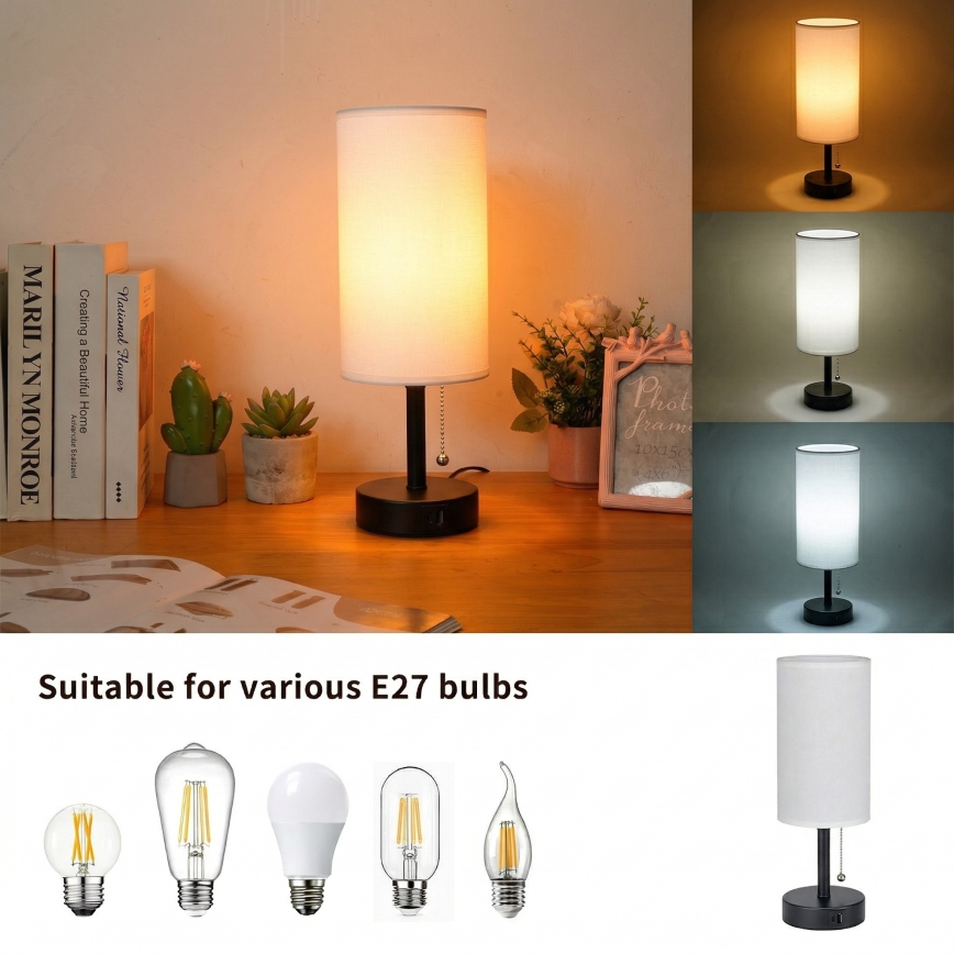 Brilagi - Stolová lampa s USB portom TABLON 1xE27/25W/230V čierna/biela