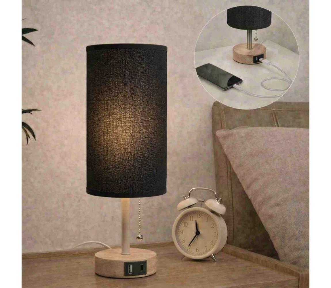 Brilagi - Stolová lampa s USB portom TABLON 1xE27/25W/230V dub/béžová/čierna BG3675+BG3682