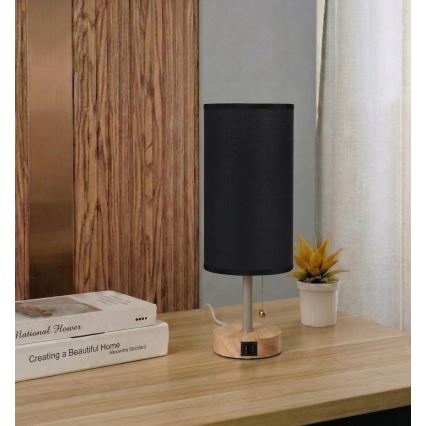 Brilagi - Stolová lampa s USB portom TABLON 1xE27/25W/230V dub/béžová/čierna