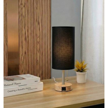 Brilagi - Stolová lampa s USB portom TABLON 1xE27/25W/230V dub/béžová/čierna