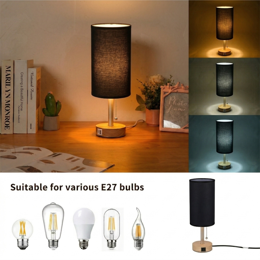 Brilagi - Stolová lampa s USB portom TABLON 1xE27/25W/230V dub/béžová/čierna