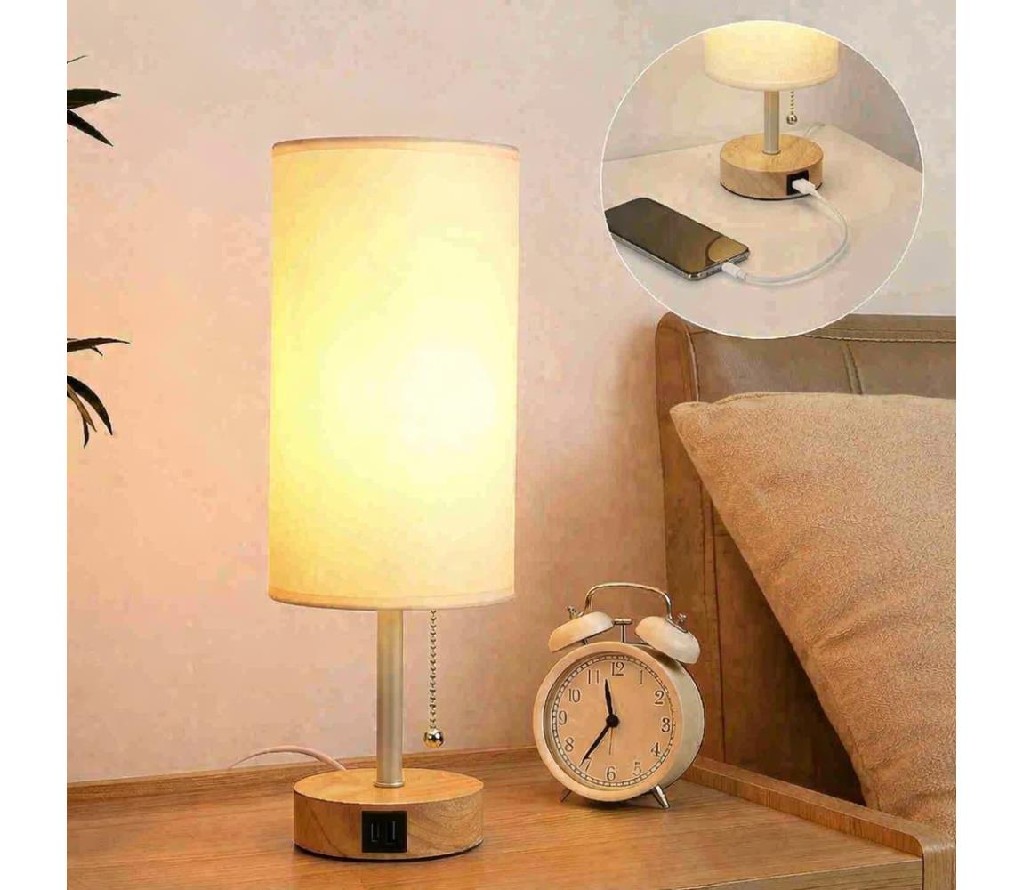 Brilagi - Stolová lampa s USB portom TABLON 1xE27/25W/230V dub/béžová/krémová BG3675+BG3681