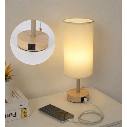 Brilagi - Stolová lampa s USB portom TABLON 1xE27/25W/230V dub/béžová/krémová