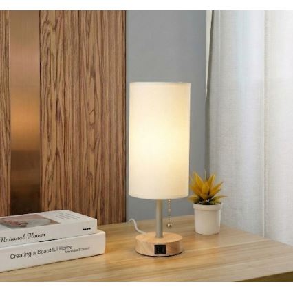 Brilagi - Stolová lampa s USB portom TABLON 1xE27/25W/230V dub/béžová/krémová