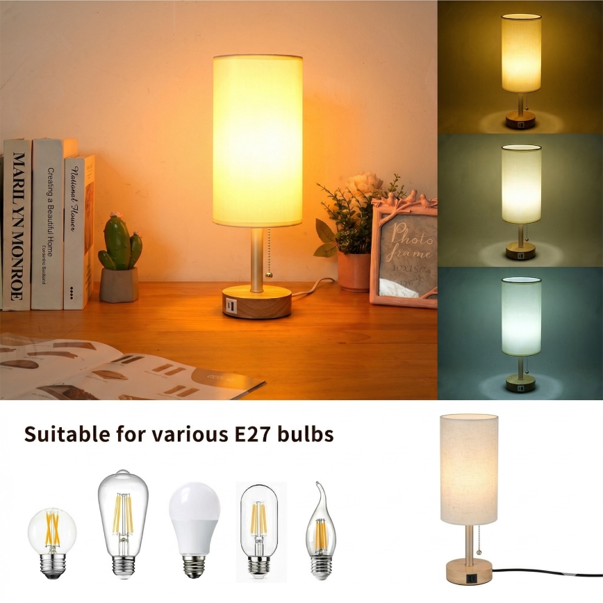 Brilagi - Stolová lampa s USB portom TABLON 1xE27/25W/230V dub/béžová/krémová