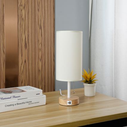 Brilagi - Stolová lampa s USB portom TABLON 1xE27/25W/230V dub/biela/krémová