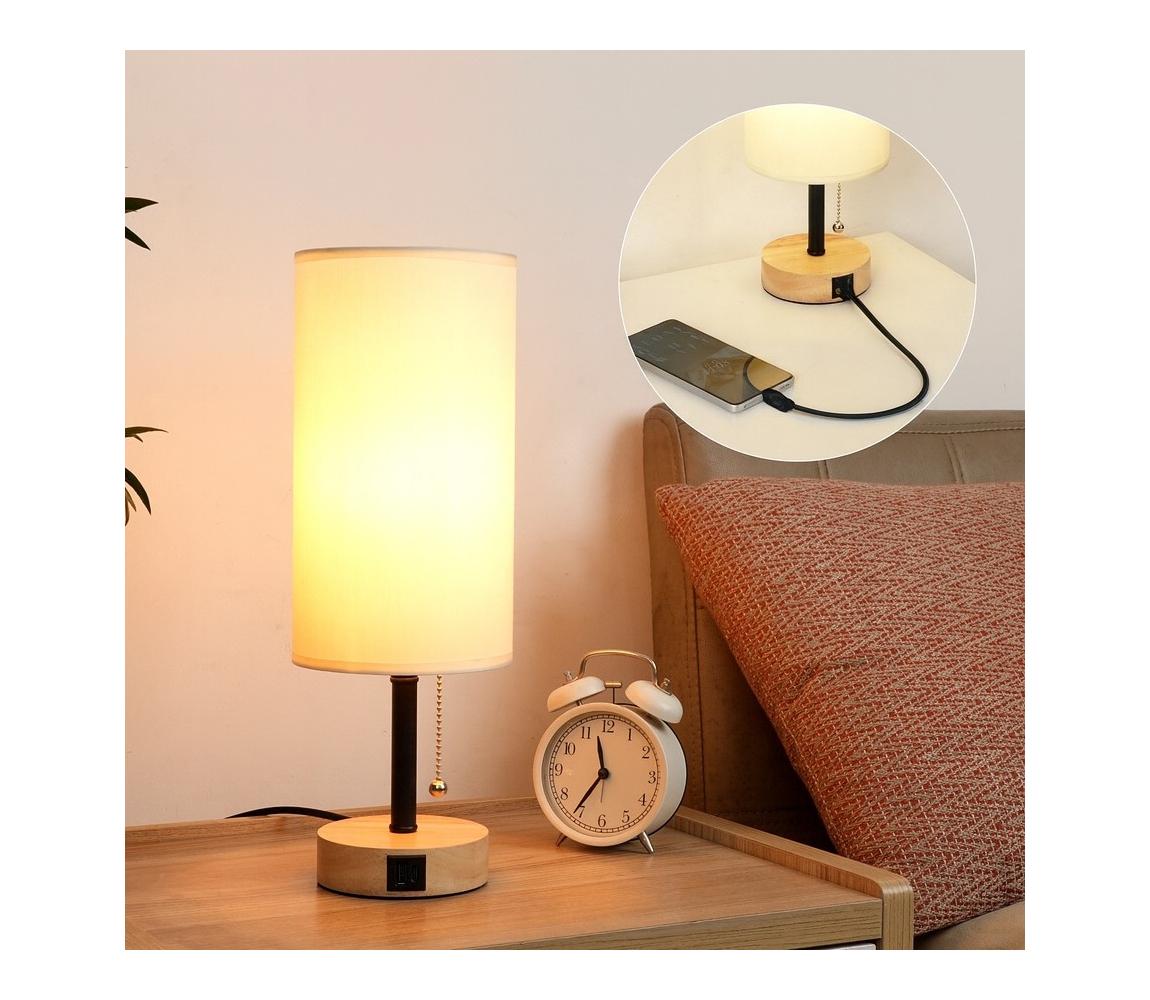 Brilagi - Stolová lampa s USB portom TABLON 1xE27/25W/230V dub/čierna/krémová BRI599