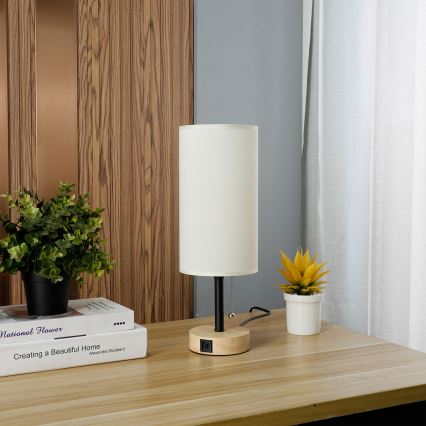 Brilagi - Stolová lampa s USB portom TABLON 1xE27/25W/230V dub/čierna/krémová
