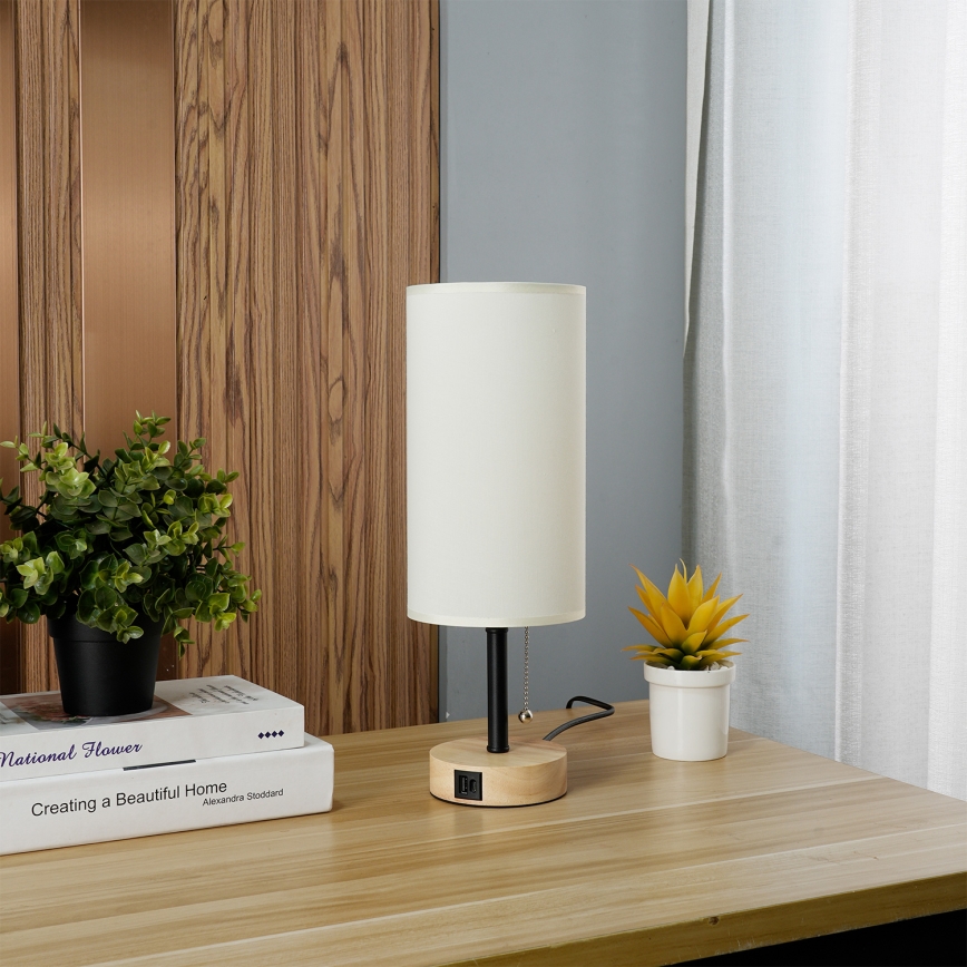 Brilagi - Stolová lampa s USB portom TABLON 1xE27/25W/230V dub/čierna/krémová