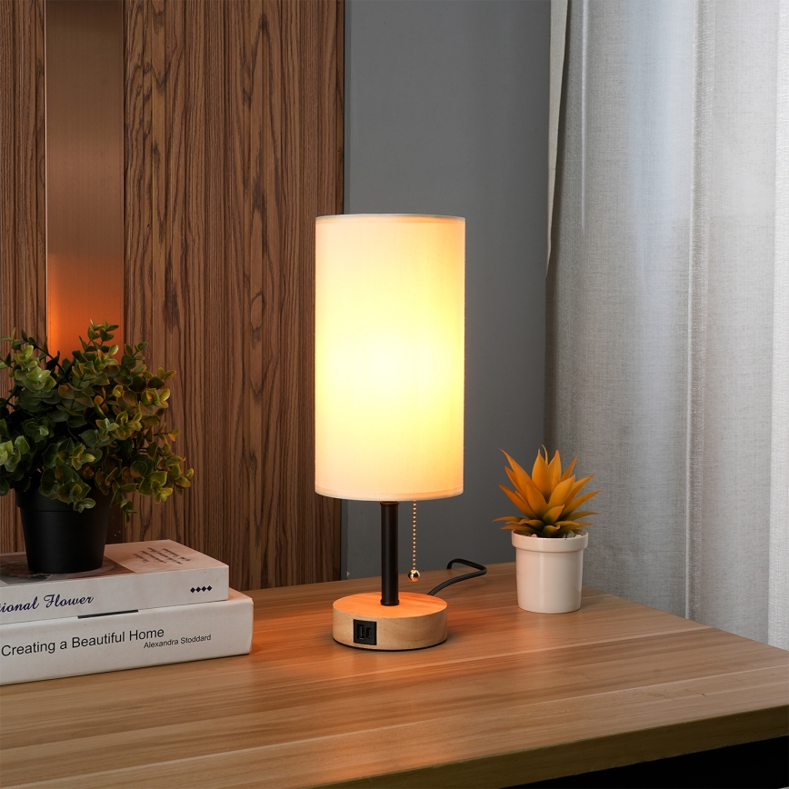 Brilagi - Stolová lampa s USB portom TABLON 1xE27/25W/230V dub/čierna/krémová