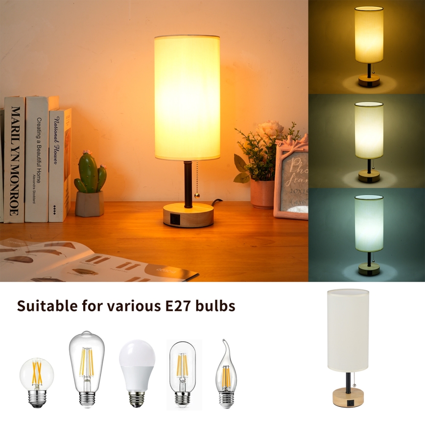 Brilagi - Stolová lampa s USB portom TABLON 1xE27/25W/230V dub/čierna/krémová