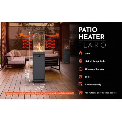 Brilagi - Vonkajší plynový krb FLARO GAS 142x36 cm 8kW 1xAAA antracit + ochranný kryt